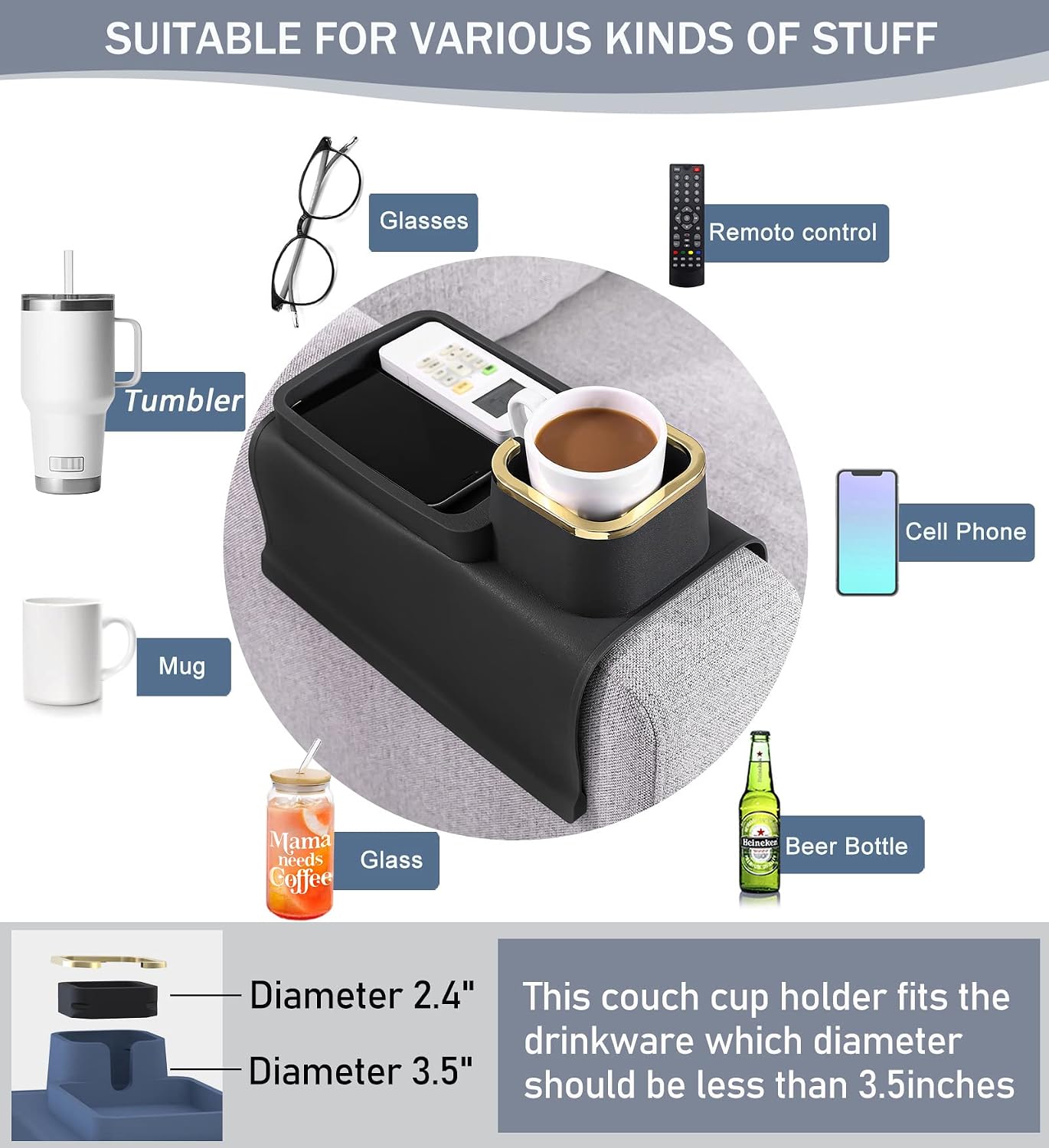 HMASYO Couch Cup Holder Tray – Weighted Silicone Sofa Armrest Organizer Table with Anti-Spill Coaster, Easy Reach for Drink, Snacks, Remote & Phone, Non-Slip Base, Easy Clean