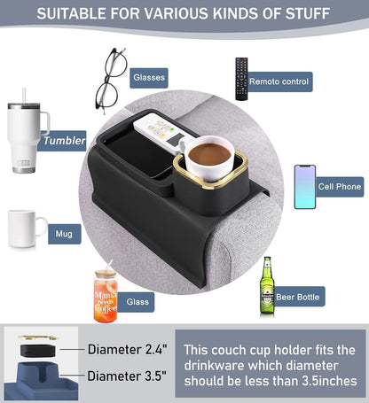HMASYO Couch Cup Holder Tray – Weighted Silicone Sofa Armrest Organizer Table with Anti-Spill Coaster, Easy Reach for Drink, Snacks, Remote & Phone, Non-Slip Base, Easy Clean