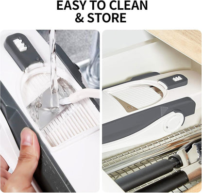 QYKIC Safe Mandoline Slicer Pro for Kitchen, Adjustable Chopper 6 in 1 | Potato Slicer Onion Chopper Fry Cutter Julienne Dicer Large Chute Stainless Steel Blades Detachable Dishwasher Safe Gifts