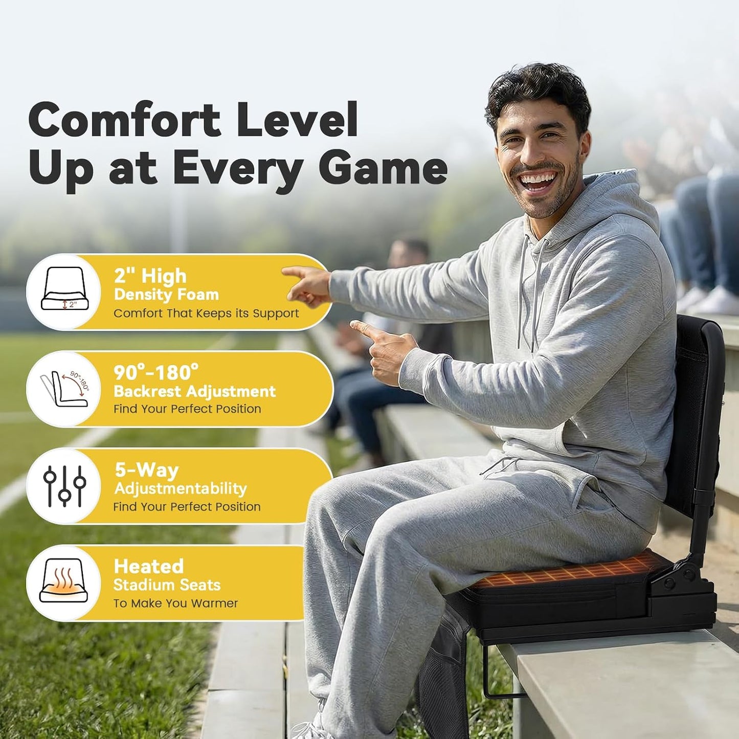 Heated Stadium Seat, Folding Chair with Back Support for Bleachers | 5-Position Adjustable Backrest, 16.5" Wide Seat, USB Heating Pad (Power Bank NOT Included), Supports 330 lbs, Carry Strap