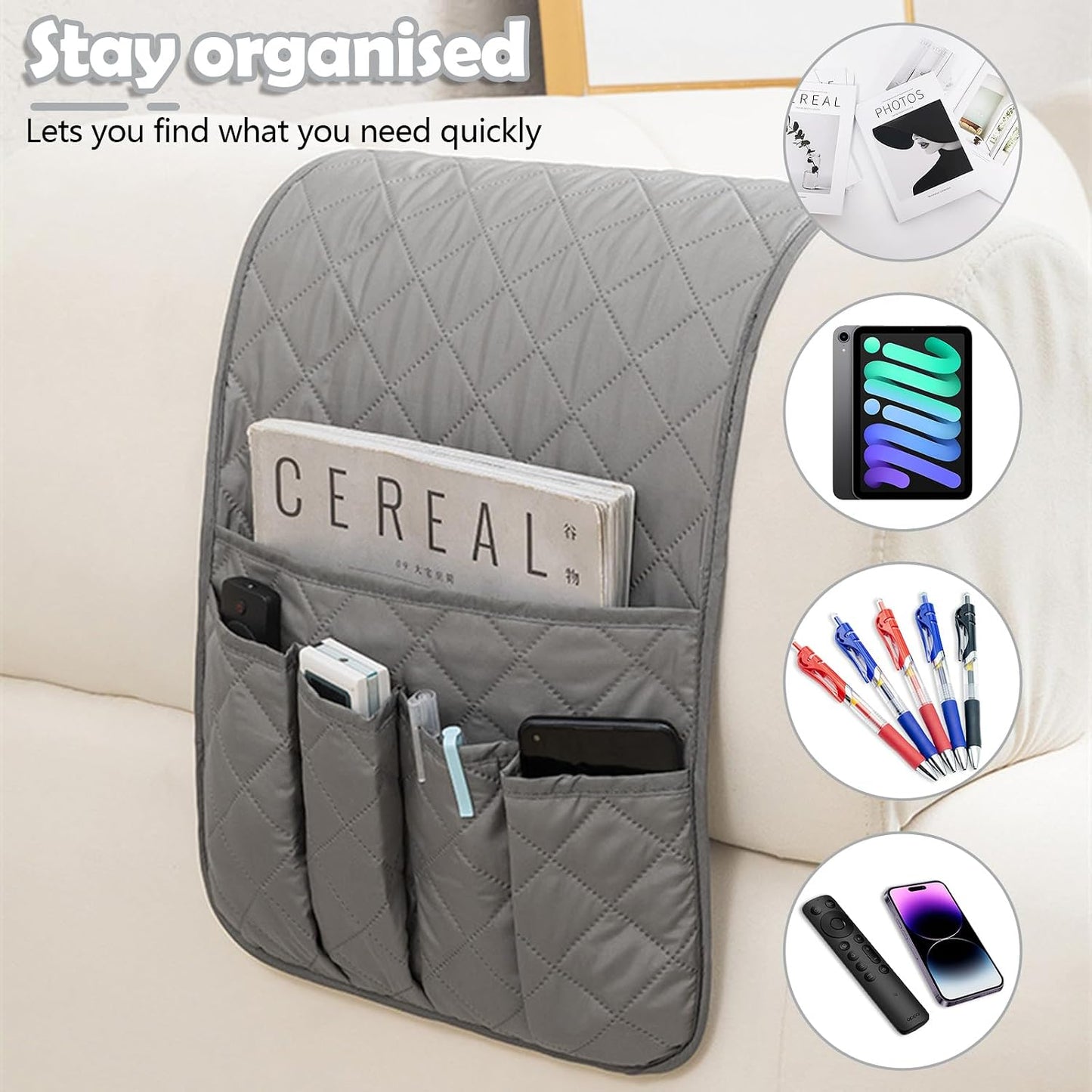 Huakaile Foldable Remote Control Holder Non-Slip Couch Sofa Chair Waterproof Armrest Organizer with 5 Pockets Armrest Organizer Couch Recliner Caddy Fits for Ipad, Phone, Magazines (Coffee)