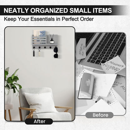 Key Holder Wall Mount, Mail Organizer for Wall with 5 Square Key Hooks | Key Holder for Wall, Key Holder with Shelf Farmhouse Home Decor for Home Entryway