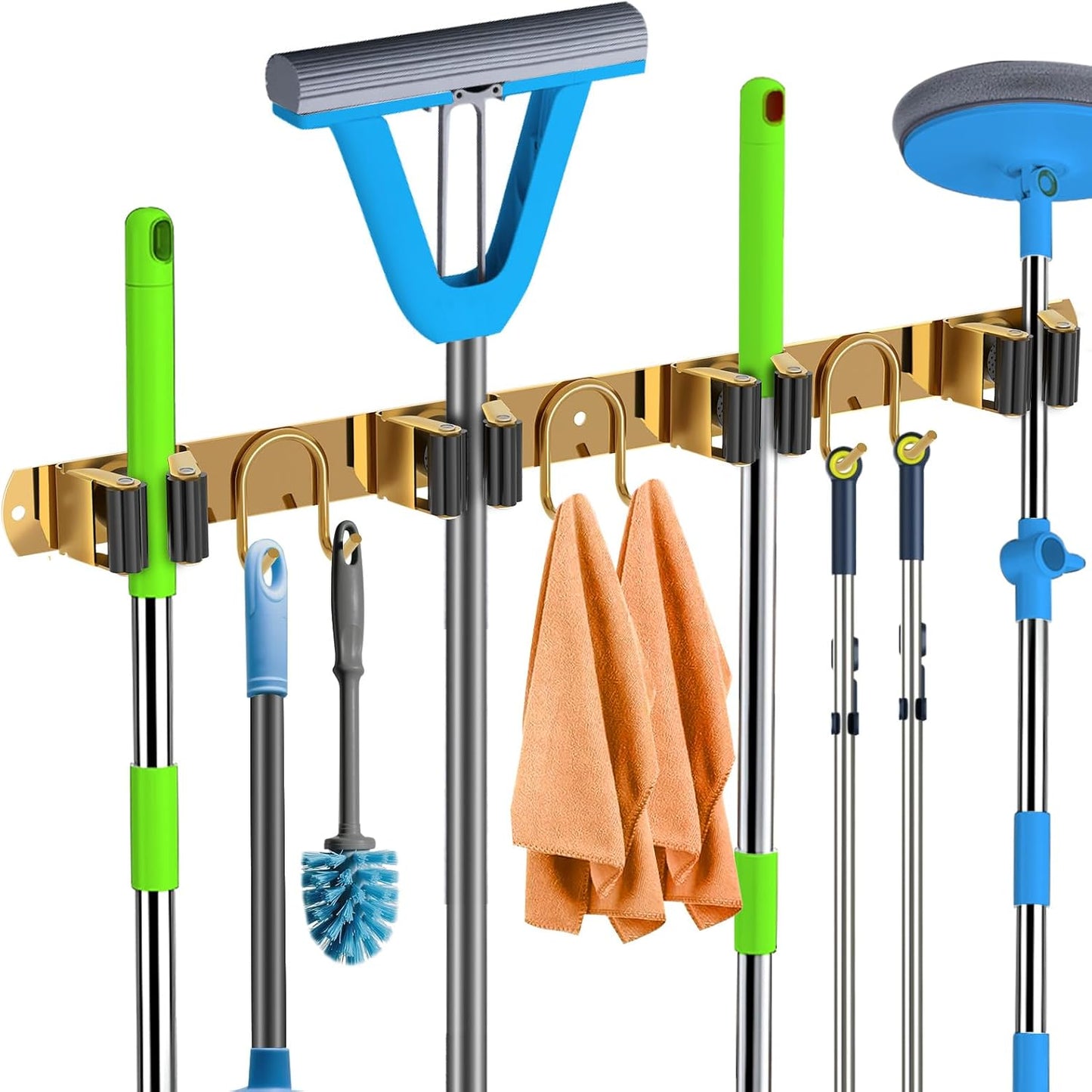 Mop Broom Holder Wall Mount, Gold Stainless Steel Tool Storage Organizer for Kitchen Garden Garage Laundry Room Bathroom and RV with 4 Slots 6 Hooks