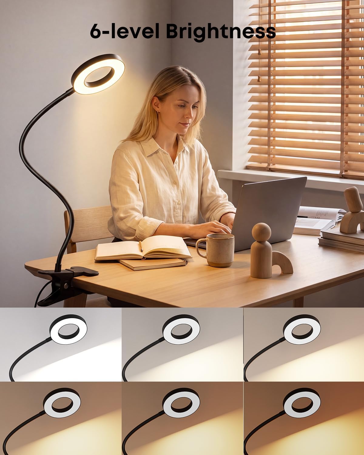 Clip on Desk Lamp, 5W LED Reading Light, 400 Lumens Book Light, 3 Color Modes 6 Brightness Levels, USB Powered Adjustable Neck Lamp for Desk, Bedside, Study, Office