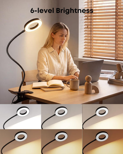 Clip on Desk Lamp, 5W LED Reading Light, 400 Lumens Book Light, 3 Color Modes 6 Brightness Levels, USB Powered Adjustable Neck Lamp for Desk, Bedside, Study, Office