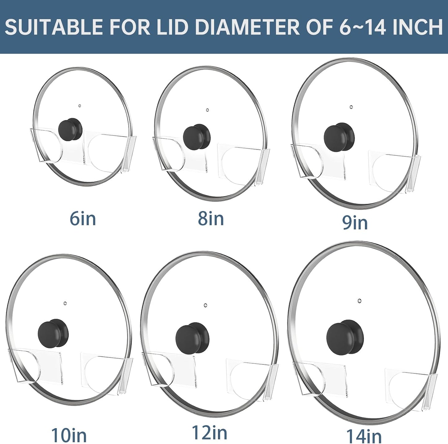 NiHome 6 Pcs Wall-Mounted Acrylic Pot Lid Organizer with Advanced Nano-Gel Adhesive, Pot Lid Holder with Elegant Transparent Design, Fits 6" to 14", No-Tool Installation and Clean Removal