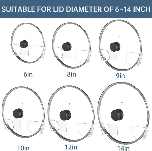 NiHome 6 Pcs Wall-Mounted Acrylic Pot Lid Organizer with Advanced Nano-Gel Adhesive, Pot Lid Holder with Elegant Transparent Design, Fits 6" to 14", No-Tool Installation and Clean Removal