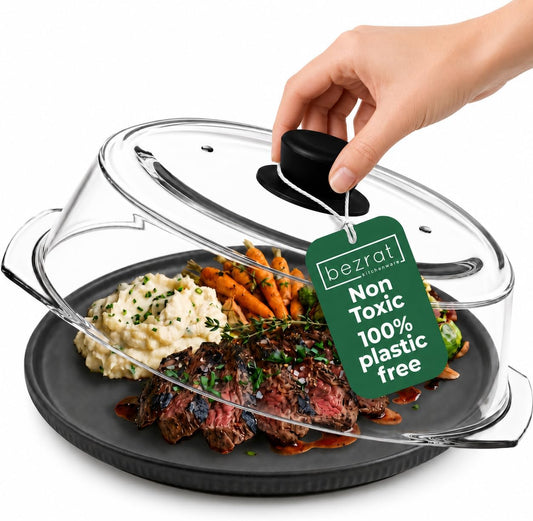 Bezrat Microwave Tall Glass Plate Cover | Splatter Guard Lid with Easy Grip Silicone Handle Knob | 100% Food Grade | BPA Free and Dishwasher Safe | 10 Inch (Black-)