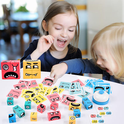 Wooden Face Changing Magic Cube Building Blocks Game Matching Expression Puzzle Toy Board Games for Family Night, Match Puzzles Geometric Educational Toys for Kids and Adults