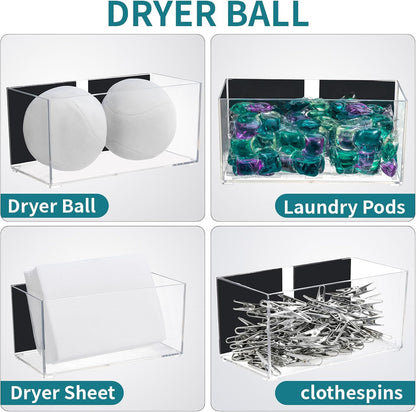Magnetic Dryer Ball Holder for Laundry Room Organization, Clear Lint Bin with Adhesive Hook, Iron Dryer Ball Container Box for Laundry Room, Office, Bathroom & Craft Supplies, 1Pcs