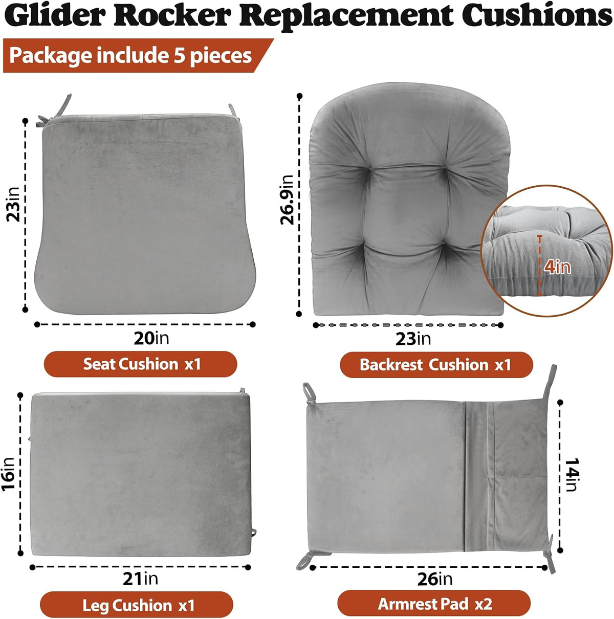 JZHLLA Glider Rocker Replacement Cushion Set with Storage Pockets Soft Flannel Fabric & High-Resilience Foam Non-Slip Back Rocking Chair Cushion for Living Room Rocking Chair(Beige)