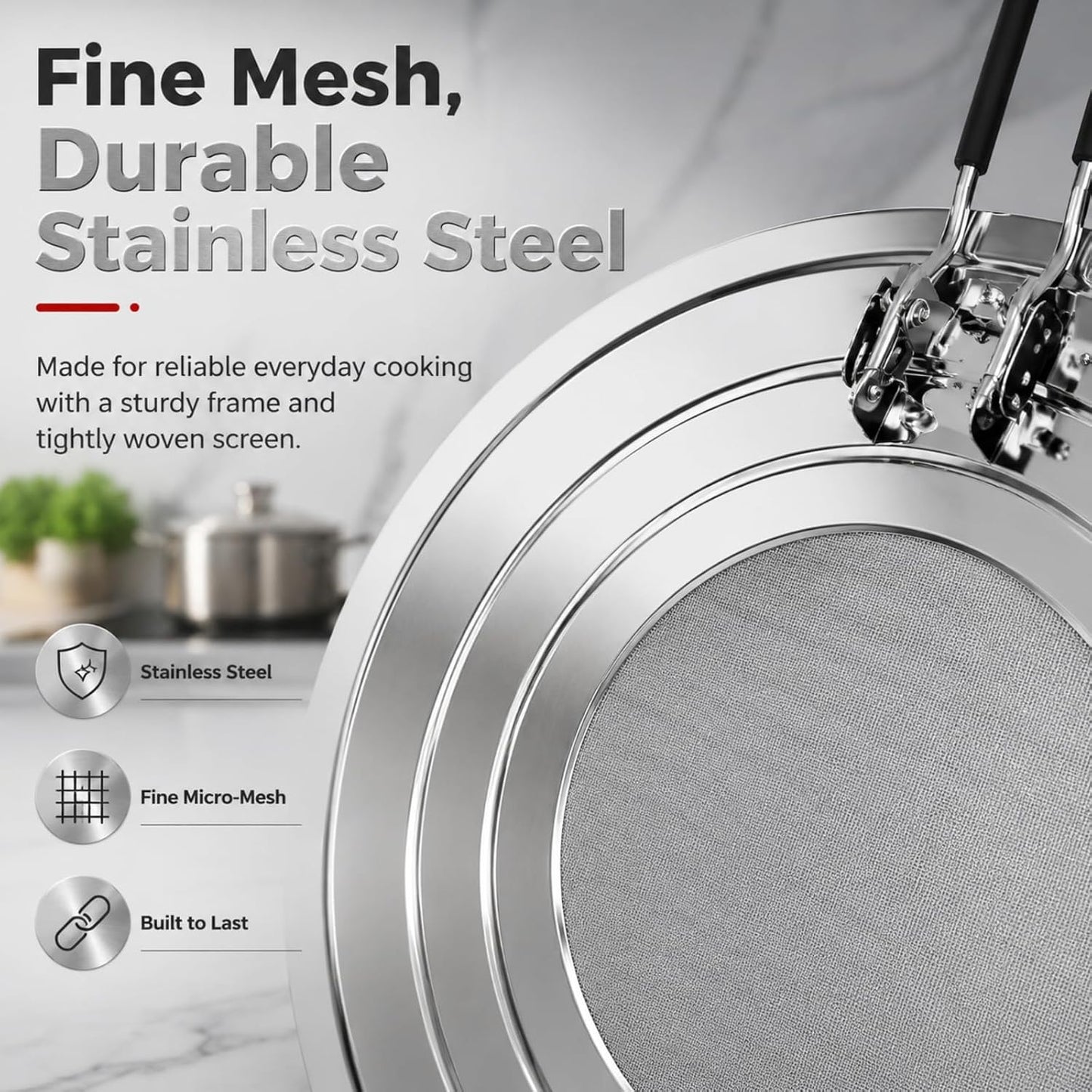 Splatter Screen for Frying Pan, Grease Splatter Guard for 9/10/11 Inch Pans | Shields Stove Top from Oil Splash, Dishwasher-Safe Splatter Screen with Foldable Heat-Resistant Silicone Handle