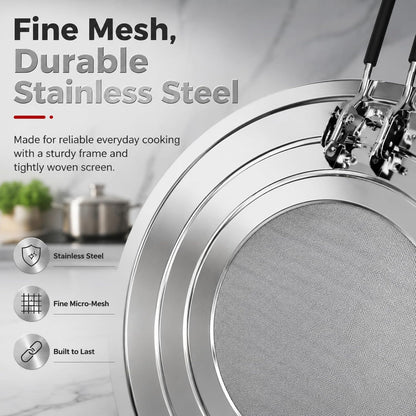 Splatter Screen for Frying Pan, Grease Splatter Guard for 9/10/11 Inch Pans | Shields Stove Top from Oil Splash, Dishwasher-Safe Splatter Screen with Foldable Heat-Resistant Silicone Handle