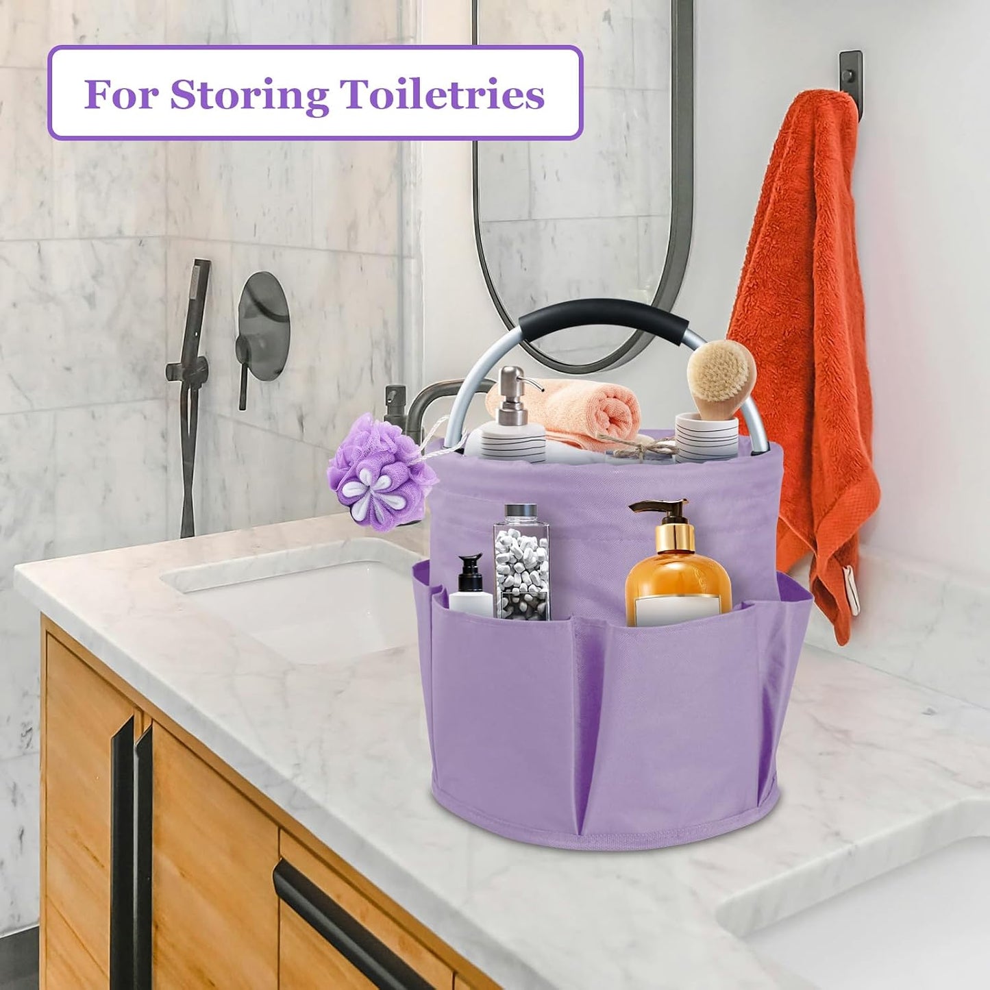 17L Cleaning Caddy with Handle and 6 Pockets, Foldable Cleaning Supply Caddy, Portable Shower Caddy in 600D Oxford Fabric, Multifunctional Storage Basket for Camping, Gardening, Black
