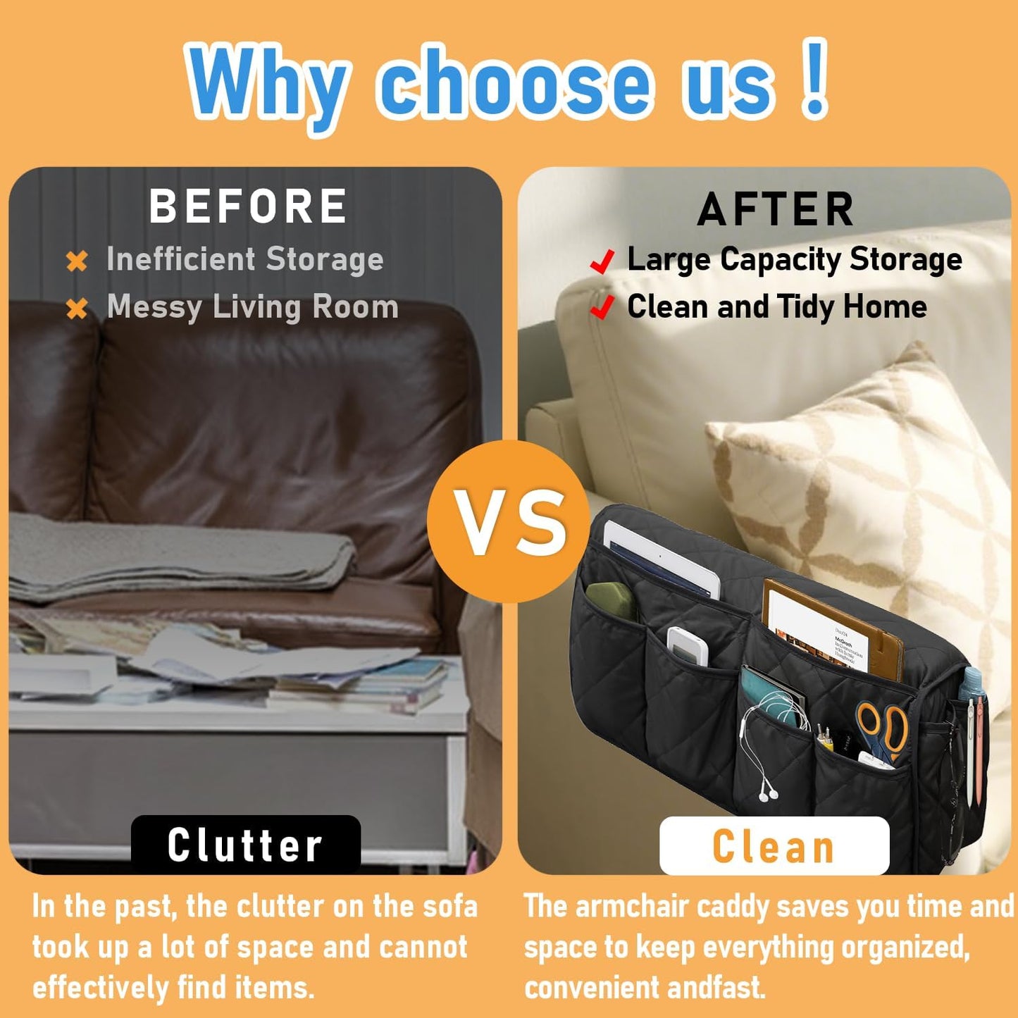 Armchair Caddy, Remote Control Holder for Recliners, Sofa Armrest Organizer, Non Slip Recliner Organizer, Couch Caddy with 14 Pockets Storage for TV Remote, Phone, Magazine (Brown)