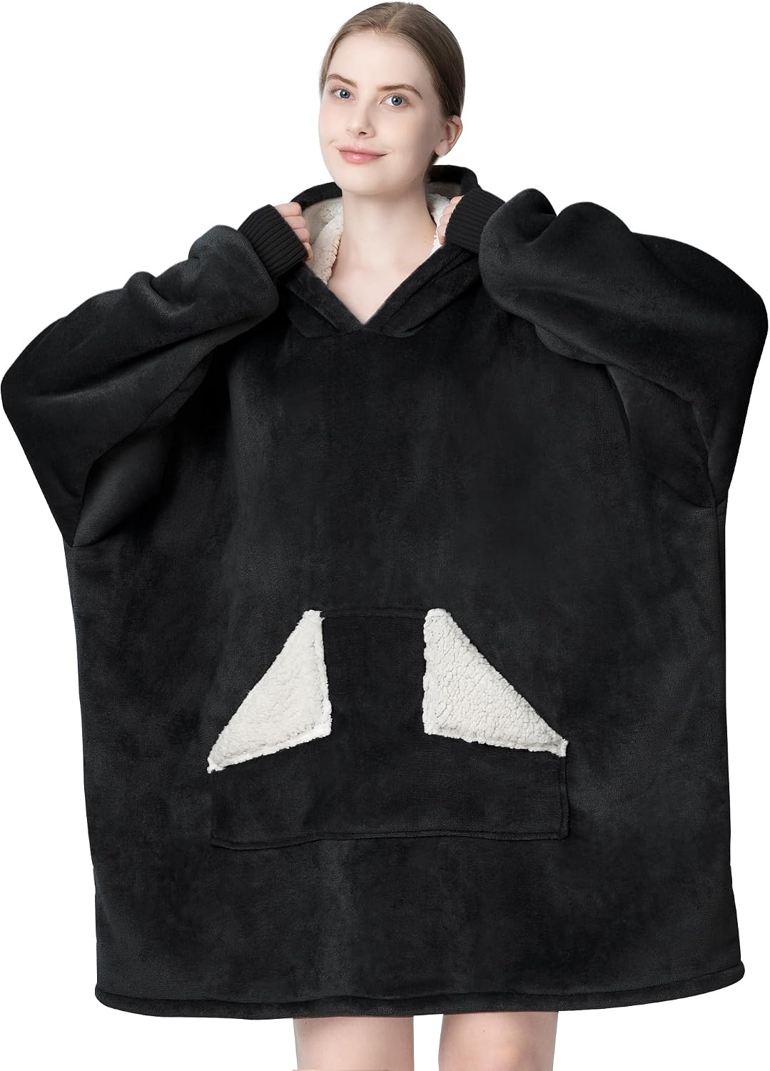 Wearable Blanket Hoodie, Oversized Sherpa Fleece Sweatshirt Blanket with Giant Hood Pocket and Sleeves for Adult, Warm & Cozy Grey Blanket Gifts for Women