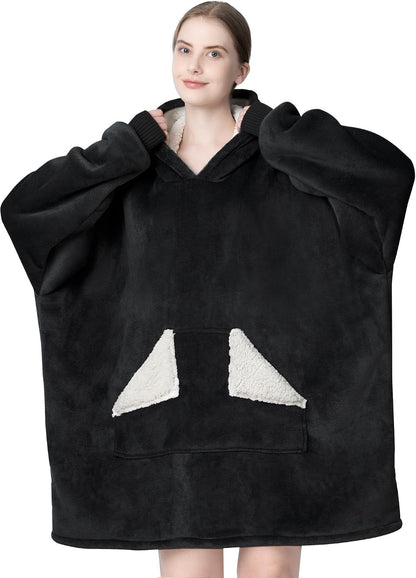 Wearable Blanket Hoodie, Oversized Sherpa Fleece Sweatshirt Blanket with Giant Hood Pocket and Sleeves for Adult, Warm & Cozy Grey Blanket Gifts for Women
