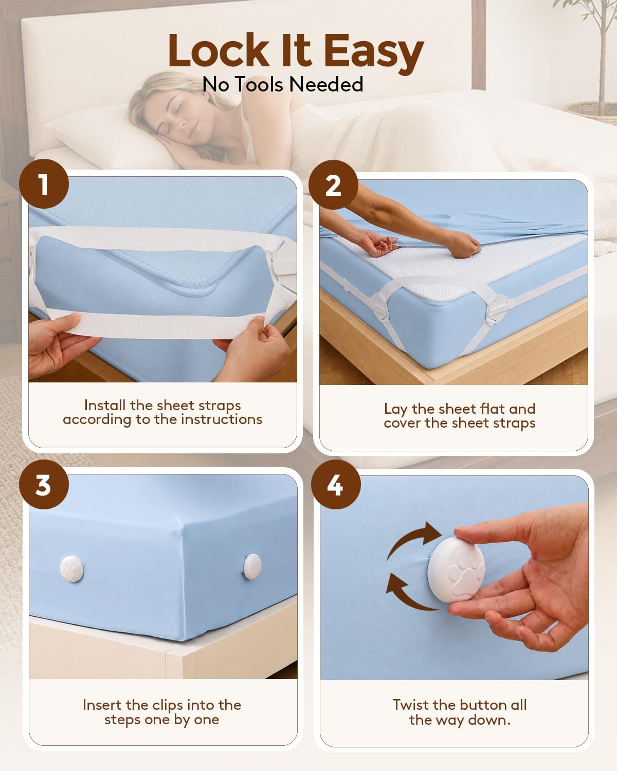 Bed Sheet Holders for Corners: 10 Clips with Side-Edge Locks (Not Just 4 Corners), One-Piece Bed Sheet Straps, No Metal & Anti-Slip, Heavy Duty Fitted Sheet Holder (Twin＆Full Style: 5-8in)
