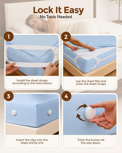 Bed Sheet Holders for Corners: 10 Clips with Side-Edge Locks (Not Just 4 Corners), One-Piece Bed Sheet Straps, No Metal & Anti-Slip, Heavy Duty Fitted Sheet Holder (Twin＆Full Style: 5-8in)