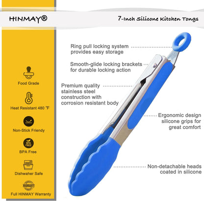 HINMAY Mini Tongs with Silicone Tips 7-Inch Serving Tongs, Set of 3 (Red Blue Green)