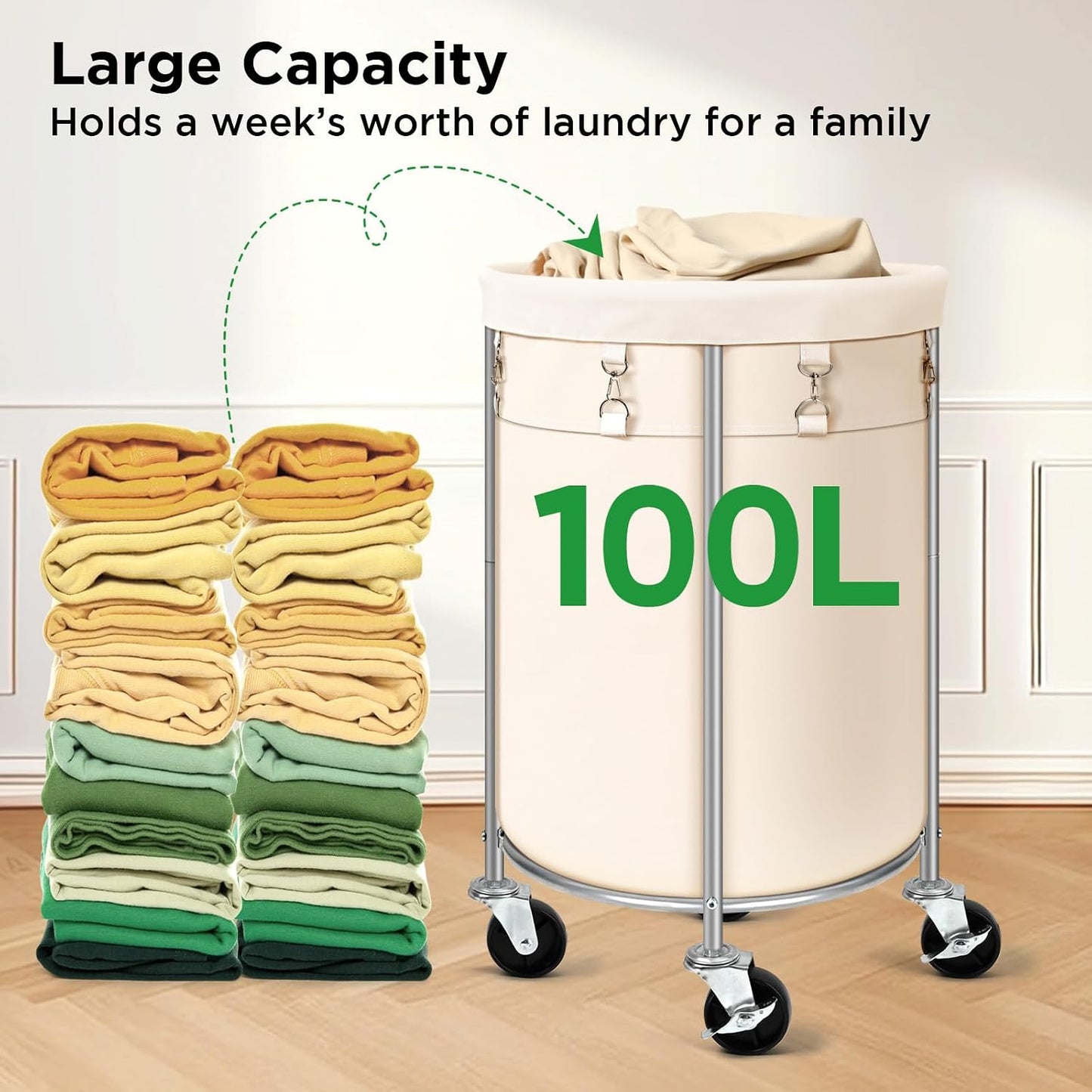 100L Round Rolling Laundry Hamper Basket with Wheels, Grey | Laundry Sorter Cart with Removable Bag, Clothes Organizer, Metal Frame, Bedroom, Bathroom, Laundry Room, Dorm Use