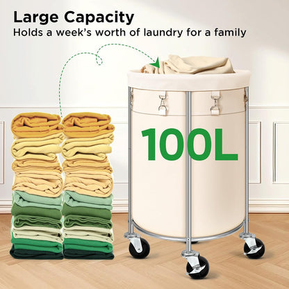100L Round Rolling Laundry Hamper Basket with Wheels, Grey | Laundry Sorter Cart with Removable Bag, Clothes Organizer, Metal Frame, Bedroom, Bathroom, Laundry Room, Dorm Use