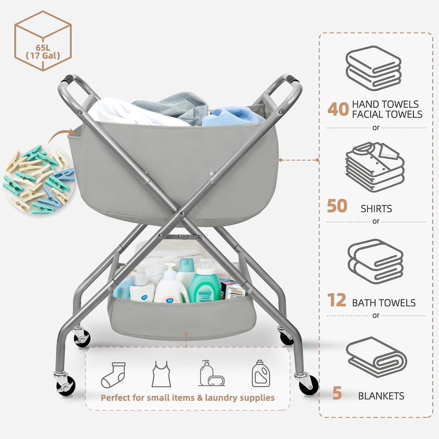 STORAGE MANIAC Collapsible Laundry Cart with Wheels 35.6"H Removable Canvas Bag Rolling Laundry Hamper Clothes Basket with Wheels, Sturdy Steel Frame Folding for Small Narrow Space Easy Storage, Beige