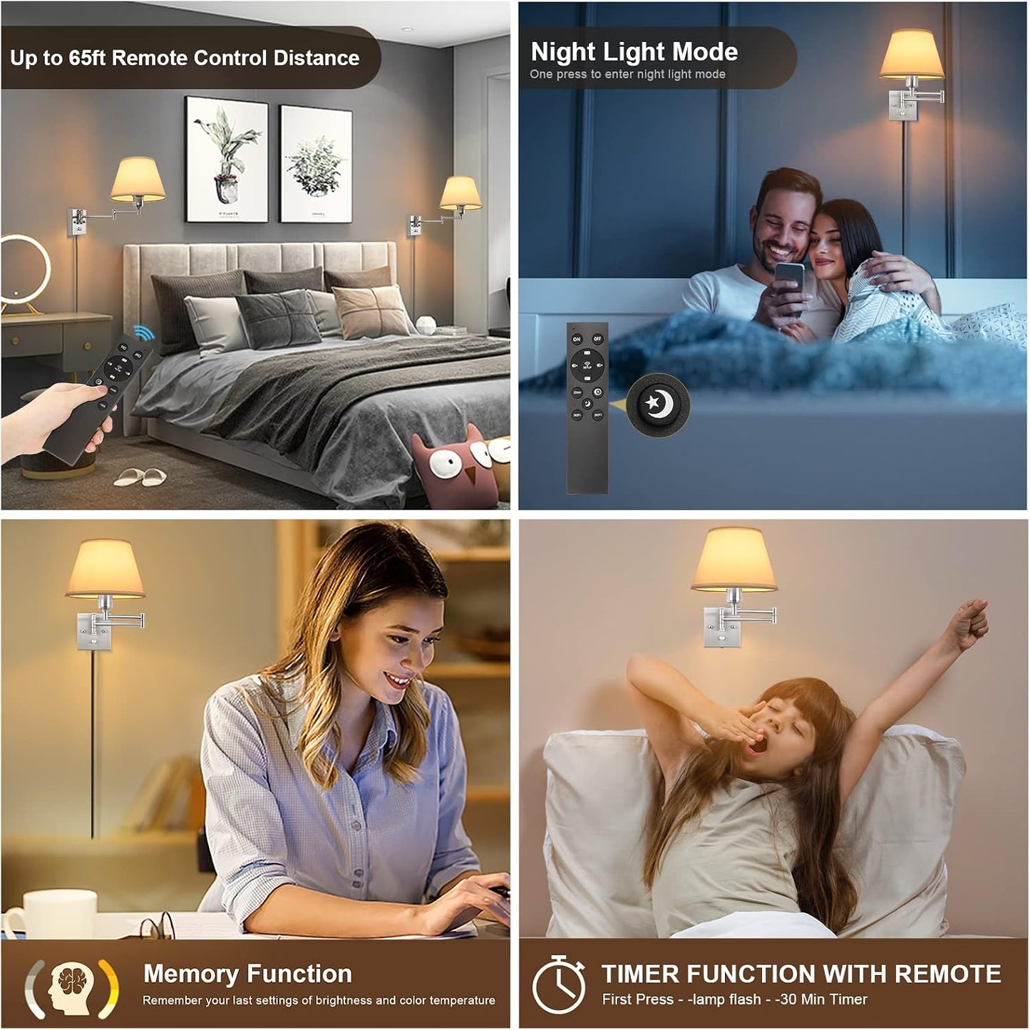 TRLIFE Wall Sconce Plug in, Dimmable Wall Sconces Set of Two Swing Arm Wall Lights with Plug in Cord and On/Off Dimmer Rotary Switch, 9.4" Medium Beige Fabric Shade(2 Pack, 2 Bulbs)