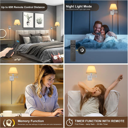 TRLIFE Wall Sconce Plug in, Dimmable Wall Sconces Set of Two Swing Arm Wall Lights with Plug in Cord and On/Off Dimmer Rotary Switch, 9.4" Medium Beige Fabric Shade(2 Pack, 2 Bulbs)