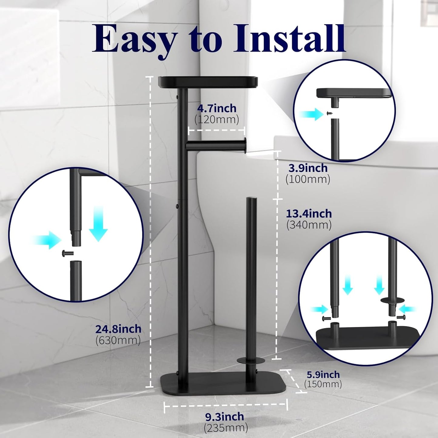 Kitsure Metal Toilet Paper Holder Free Standing, Medium, Black | Rustproof Toilet Paper Stand for 4 Rolls, Bathroom Organizers and Storage with Anti-Slip Base and Plastic Shelf