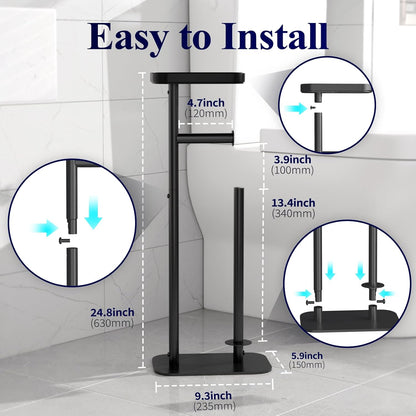 Kitsure Metal Toilet Paper Holder Free Standing, Medium, Black | Rustproof Toilet Paper Stand for 4 Rolls, Bathroom Organizers and Storage with Anti-Slip Base and Plastic Shelf