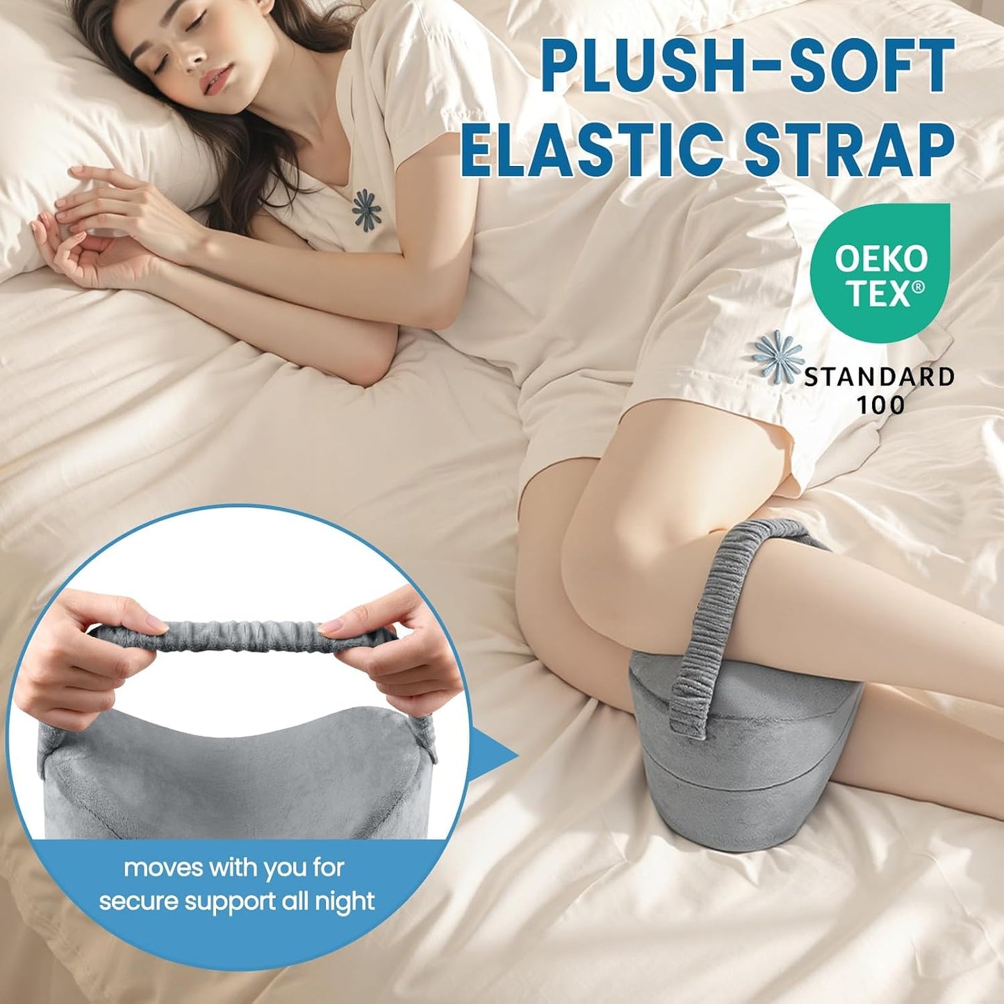 Knee Pillow for Side Sleepers with Strap, Supportive Memory Foam Leg Pillow for Side Sleeping & Spine Support, Ergonomic Curved Design for Hips and Back, Light Grey