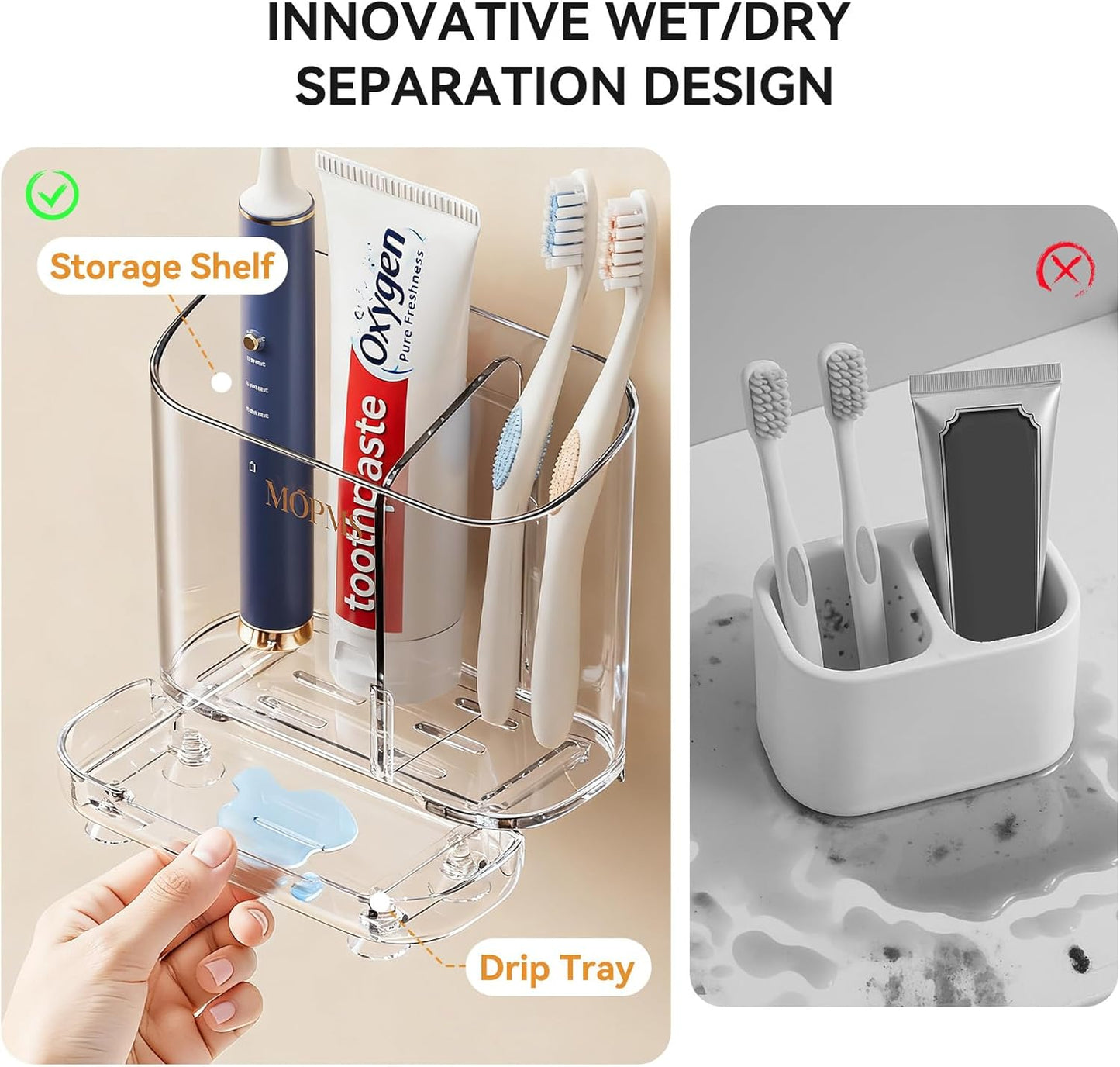 MOPMS Toothbrush Holders with Drainage for Bathrooms Countertop Organizer | 2 Slots Electric Toothbrush Holder Wall-Mount with Divider for Easy Clean, Tooth Brush and Toothpaste Holder for Bathroom