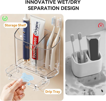 MOPMS Toothbrush Holders with Drainage for Bathrooms Countertop Organizer | 2 Slots Electric Toothbrush Holder Wall-Mount with Divider for Easy Clean, Tooth Brush and Toothpaste Holder for Bathroom