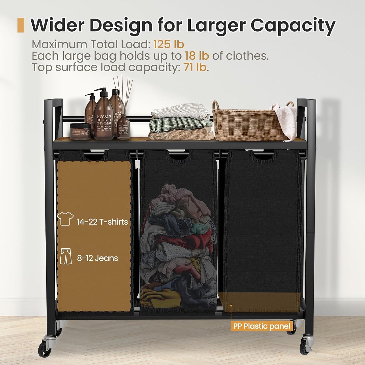 SwaaVee Laundry Sorter, Laundry Hamper 3 Section, 3×11.4Gal, Metal Frame Rolling Laundry Basket with Wooden Top Shelf, Pull out and Removable Laundry Bags, 3 Bags-Black