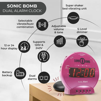 Sonic Alert Sonic Bomb Dual Alarm Clock with Bed Shaker, Black Vibrating Alarm Clock Heavy Sleepers, Battery Backup | Wake with a Shake