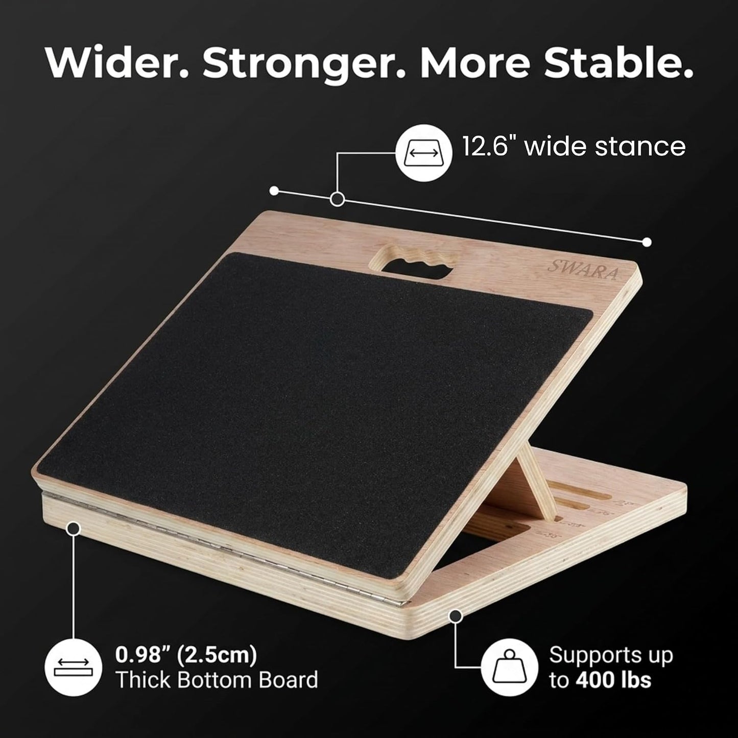 Swara 17″ Wide Wooden Slant Board for Calf Stretching & Squats, Foldable | Adjustable Calf Stretcher with Thicker Base, Foldable Wide Slant Board, Exercise Guide, Free Muscle Roller and 400lb Capacity