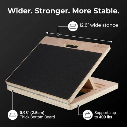 Swara 17″ Wide Wooden Slant Board for Calf Stretching & Squats, Foldable | Adjustable Calf Stretcher with Thicker Base, Foldable Wide Slant Board, Exercise Guide, Free Muscle Roller and 400lb Capacity