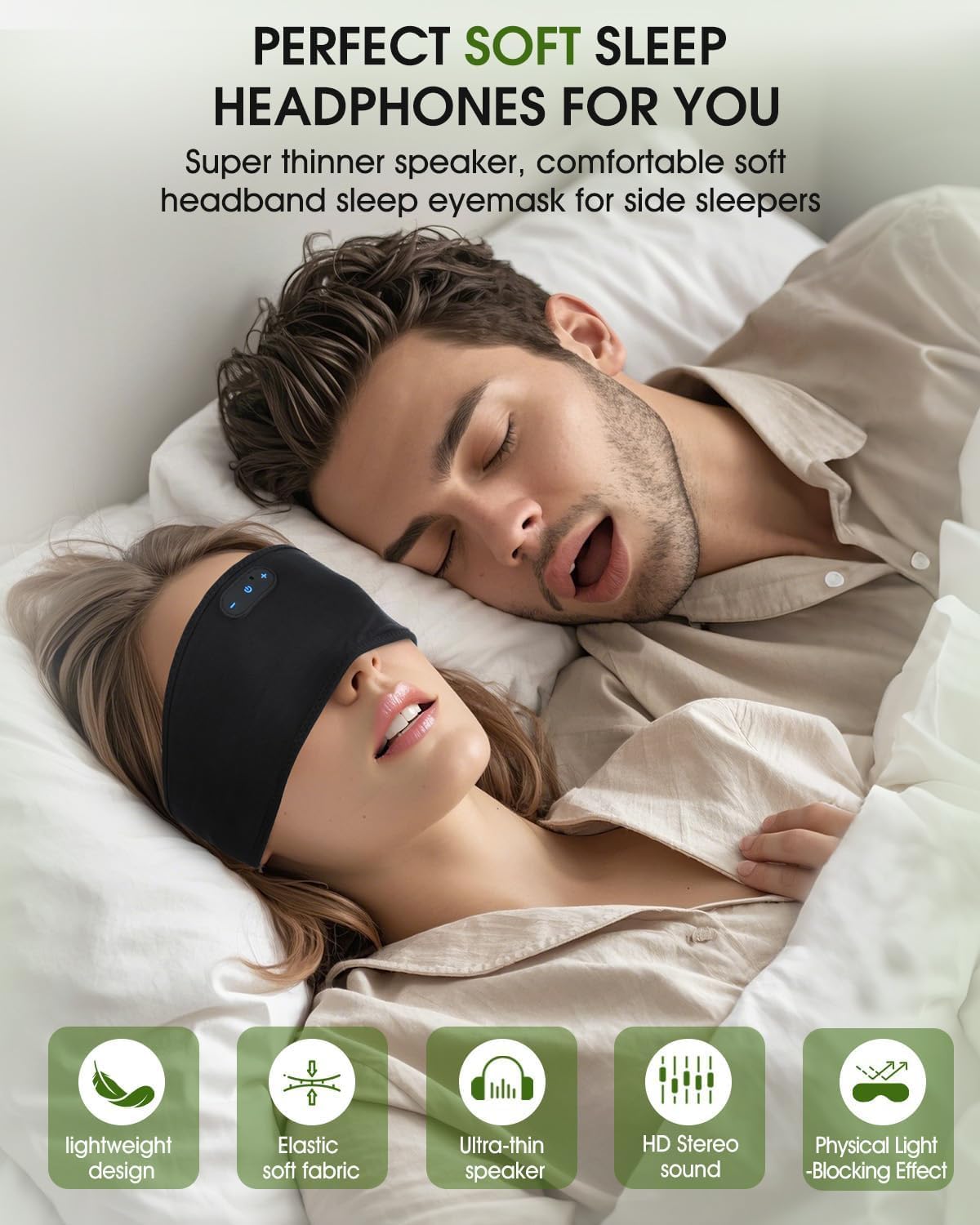 Bamboo Cotton Sleep Headphones,Ultra-Soft Wireless Headband Bluetooth for Side Sleepers, with 14H Playtime & Bluetooth 5.4, 4-in-1 Music Sleep Earphones for side sleeping(Black)