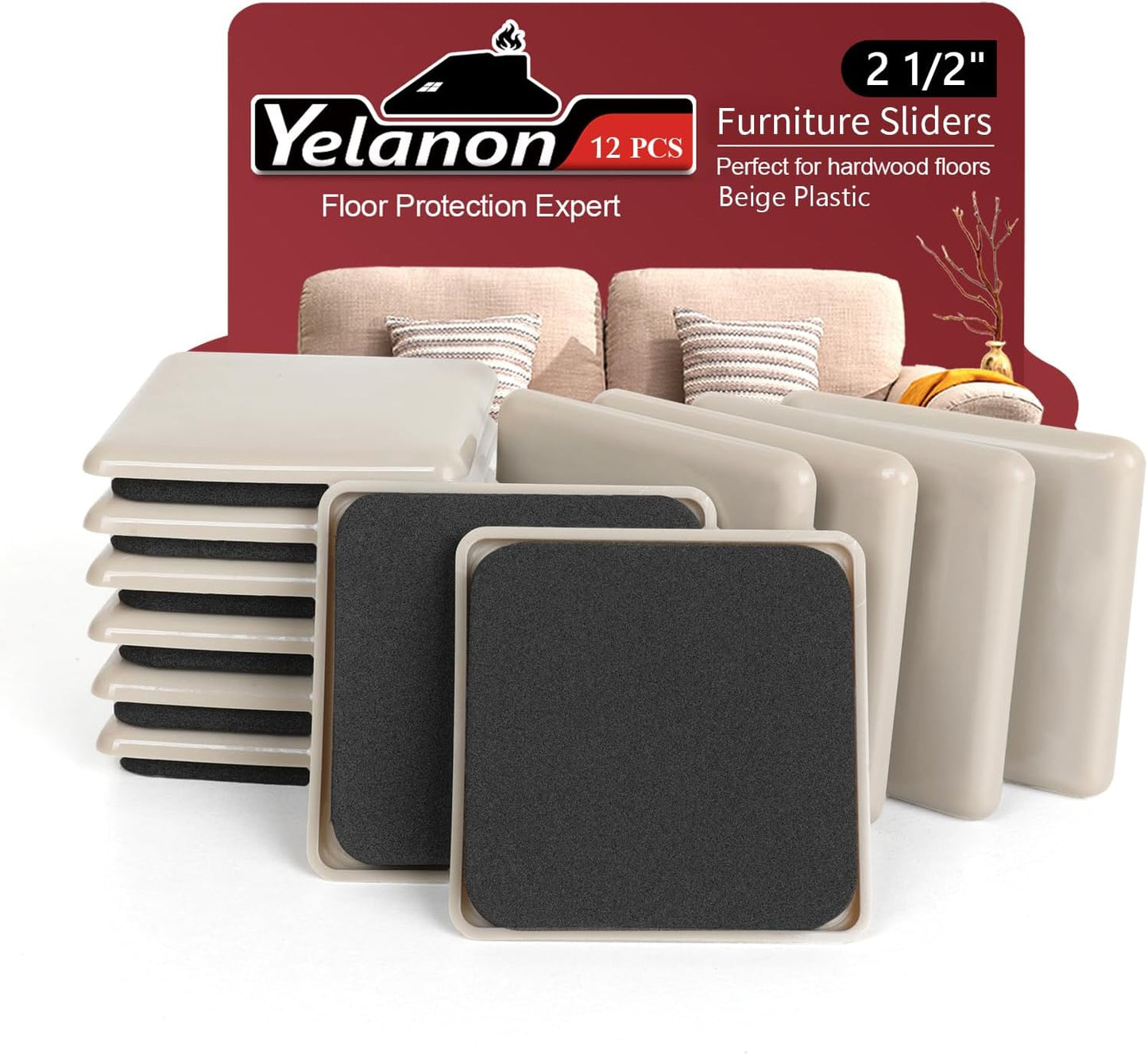 Furniture Sliders, 20 pcs-3 1/2” Square Beige Furniture Sliders for Carpet, Furniture Pads for Hardwoods Floors，Furniture Movers Sliders, Reusable Moving Pads, Floor Protectors for Carpet