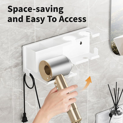 Hair Dryer Holder, Hair Tool Organizer Wall Mount, Adhesive or Drill, White | Blow Dryer Holder for Dryer Hook, Straightener Curling Irons Hairdryer Hair Appliance Hanger for Salon Bathroom Wall Storage