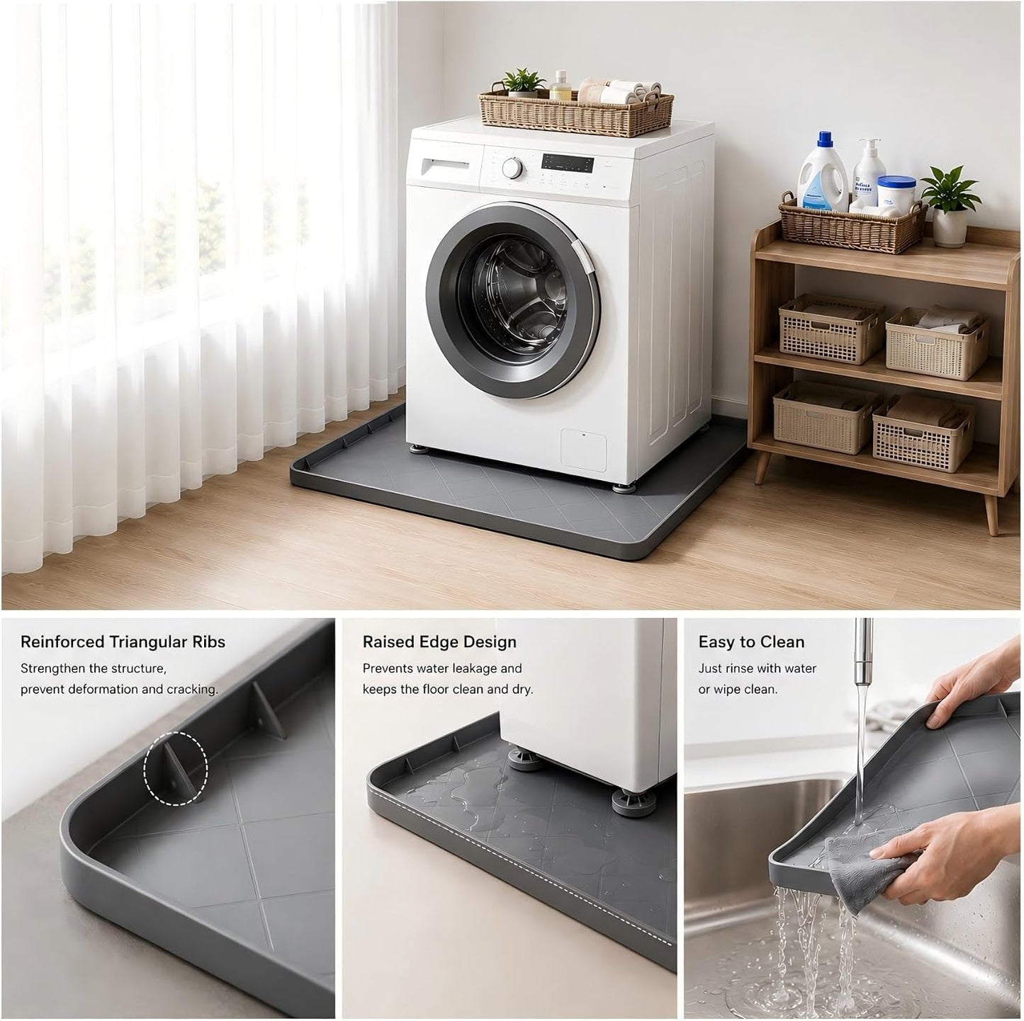 Washing Machine Drain Pan Silicone Mat 32 X 30 Inch Washer Drip Tray for Floor Protection， Rubber Anti Vibration Mat for Washer and Dryer