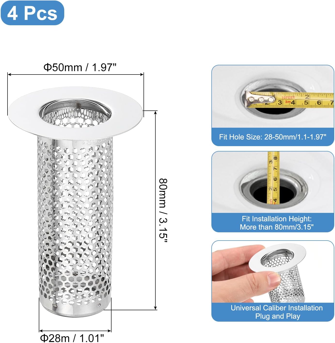 uxcell 2 Pack Shower Drain Strainer, 2" x 2.5" Stainless Steel Floor Drain Strainer Deep Sink Hair Catcher for Kitchen Bathroom Balcony Floor Drain, Fit Hole Size from 1.57" to 2.56"