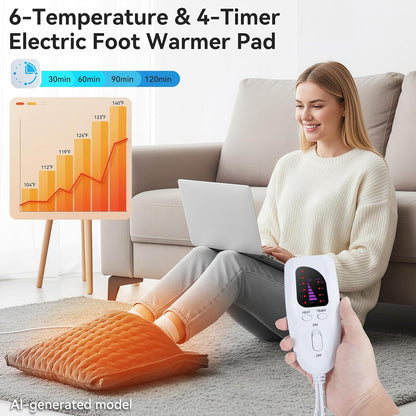 Electric Foot Warmer for Feet: Double Sided Foot Heated Pad with Six Adjustable Four Timed Options Machine Washable Easy to Fold, Feet Warmer for Bed Desk Office Birthday/Christmas Gift