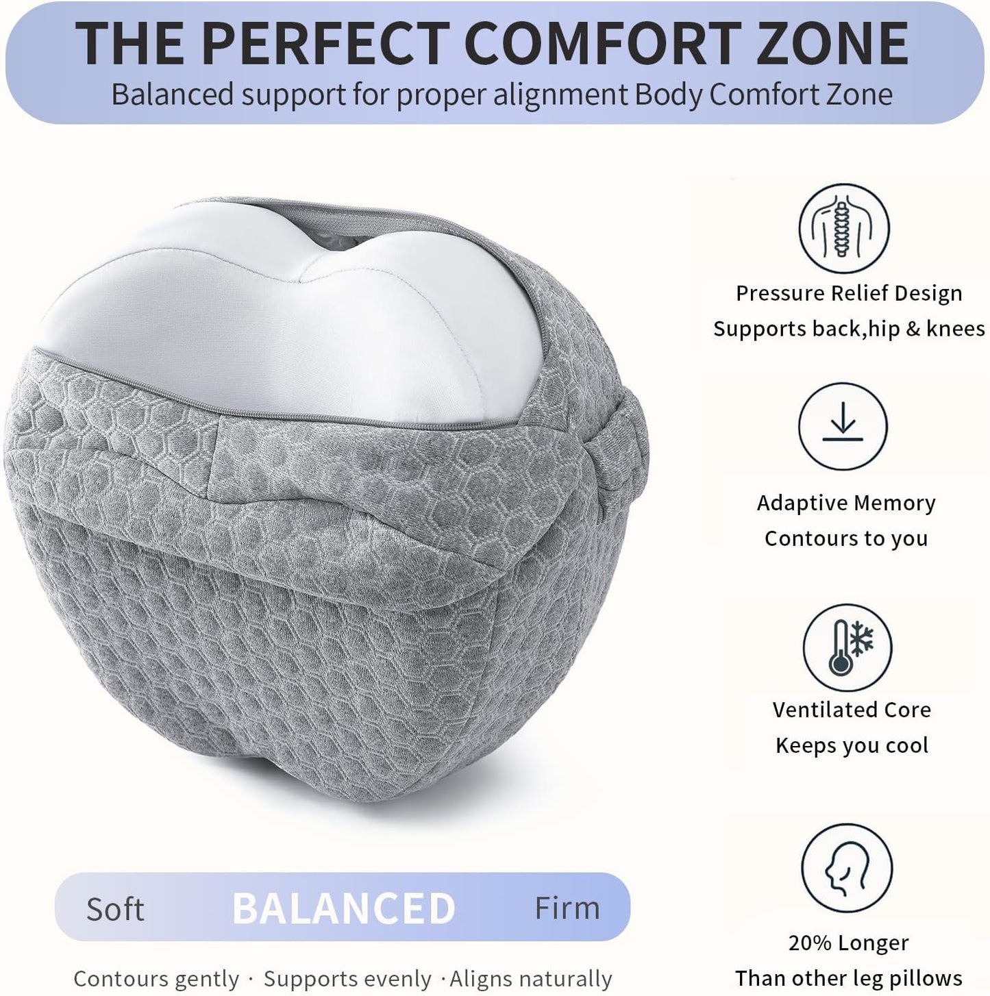 Side Sleeper Heart-Shaped Knee Pillow, Memory Foam Leg Positioning Pillow, Ergonomic Design, Perfect for Side Sleepers and Pregnant Women, Relieve Body Aches and Pains (Gray)