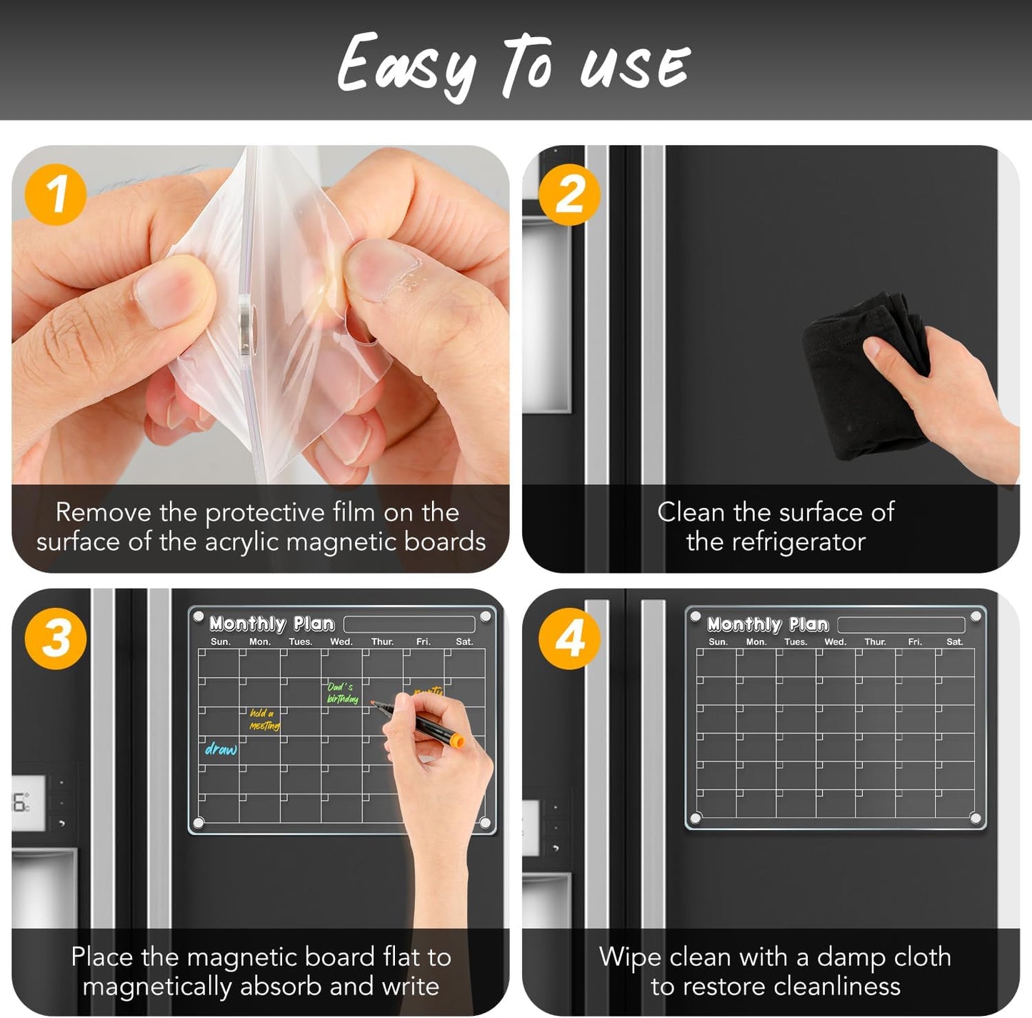 DIYMAG Magnetic Calendar, Fridge Magnets for Whiteboard 4 PCS Dry Erase | Clear Monthly Weekly Daily Memo Acrylic Planning Boards Apartment Essentials for Refrigerator
