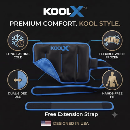 2 Pack KoolX Premium Gel Ice Packs for Injuries Reusable, Flexible Cold Wraps with Straps, Soft Plush & Nylon Sides, Extension Strap, Ice Pack for Knee, Back, Shoulder, Elbow & Calf - Medium + Large