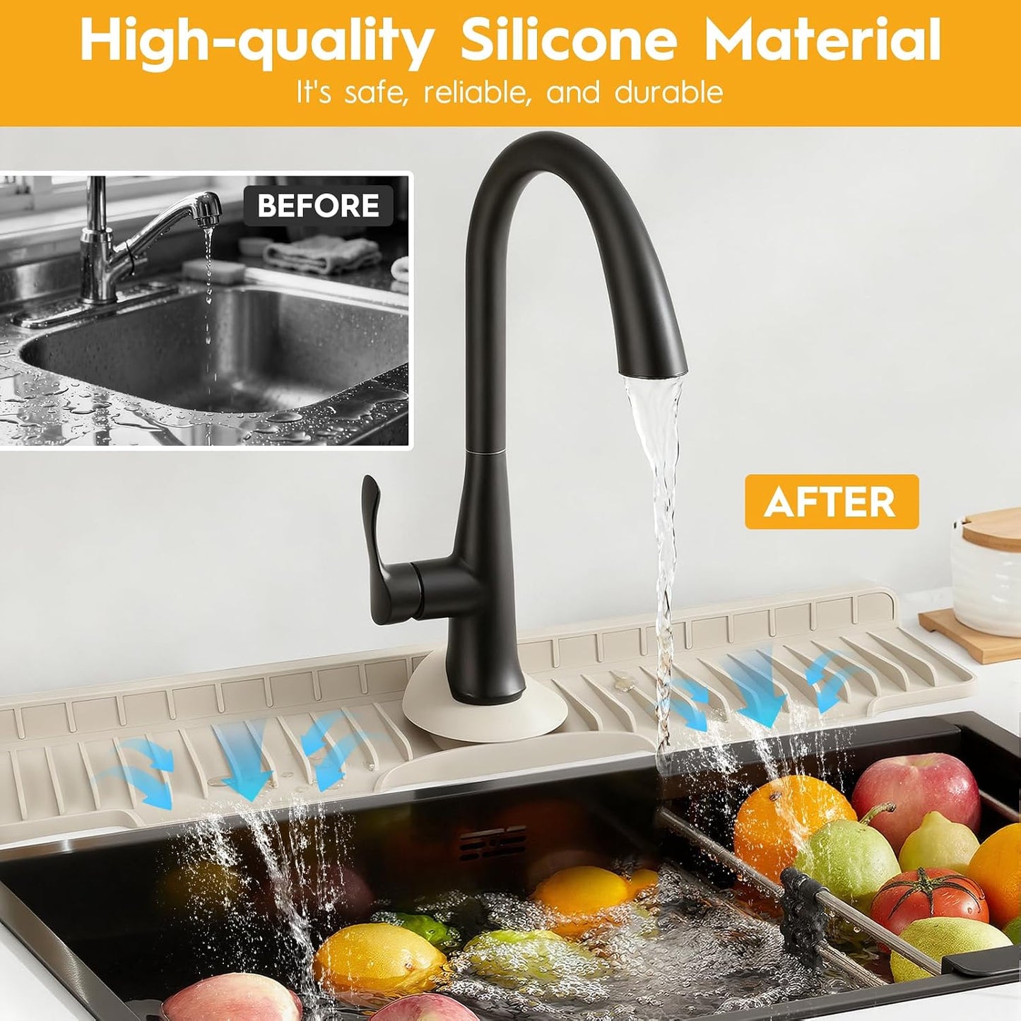 16" Silicone Faucet Mat for Kitchen Sink of The Lastest, Beige | 8° Slope Fast Self-draining, Kitchen Sink Water Splash Guard, Behind Faucet Draining Mat, for Bathroom Kitchen Sink Area