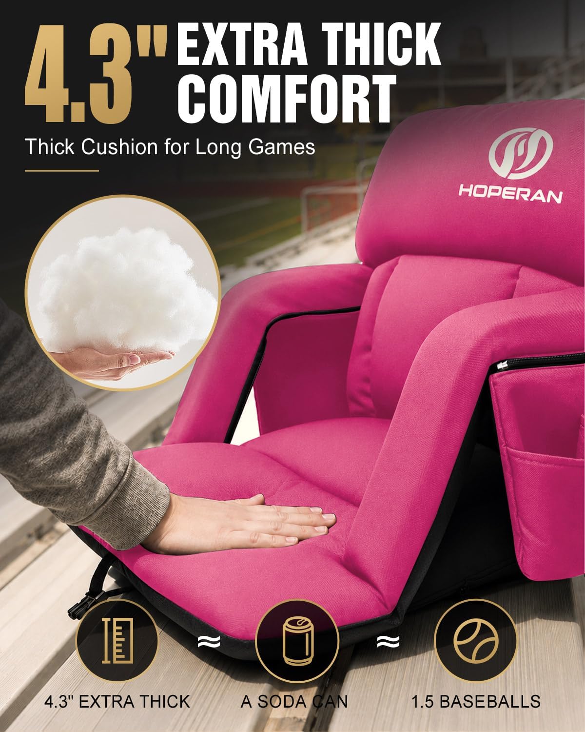 HOPERAN 25in Heated Stadium Seats for Bleachers, 4.3" Extra Thick, Pink | Super Soft Sofa-Style, Independent Seat&Back 3 Level Heat (NO Battery), 6 Recliner, Anti-Slip, Side Pockets, Backpack Straps