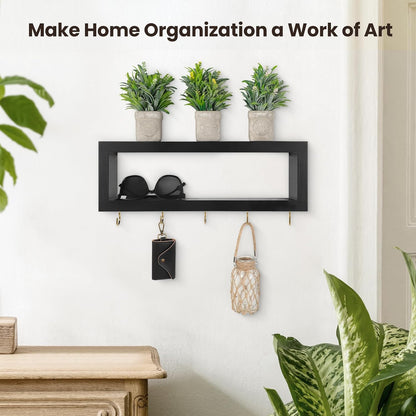 Lwenki Wall Shelf with Hooks - Decorative Key and Wallet Holder for Wall Holds Sunglasses, Leashes, Scarves and Lanyards - 15.7" x 5.1" x 2.9" Entryway Organizer Made of Paulownia Wood (White)